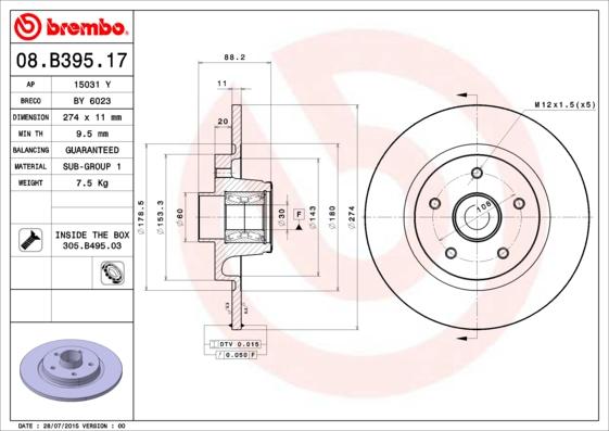 Brembo 08.B395.17 - Bremžu diski ps1.lv