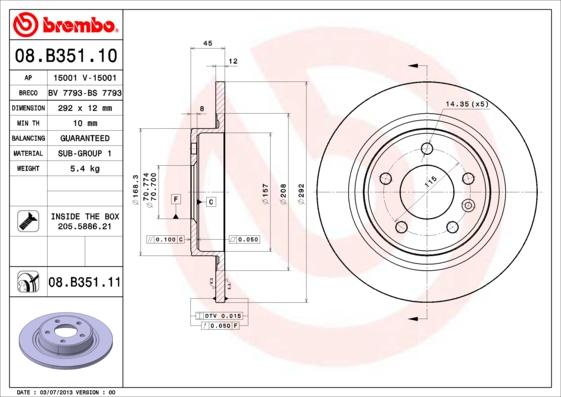 Brembo 08.B351.10 - Bremžu diski ps1.lv