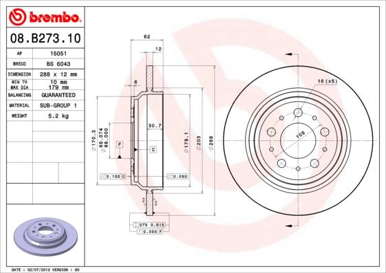 Brembo 08.B273.10 - Bremžu diski ps1.lv