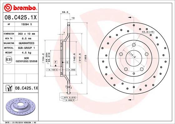 Brembo 08.C425.1X - Bremžu diski ps1.lv