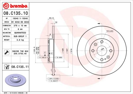 Brembo 08.C135.11 - Bremžu diski ps1.lv