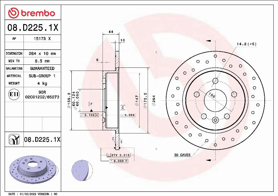 Brembo 08.D225.1X - Bremžu diski ps1.lv