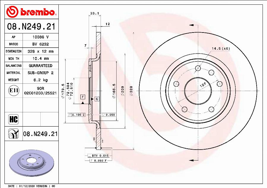 Brembo 08.N249.21 - Bremžu diski ps1.lv