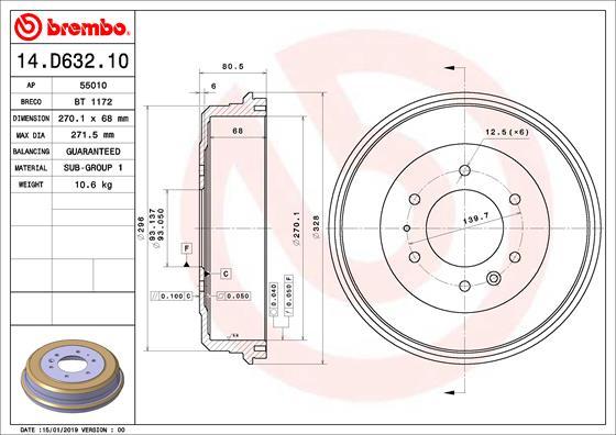 Brembo 14.D632.10 - Bremžu trumulis ps1.lv