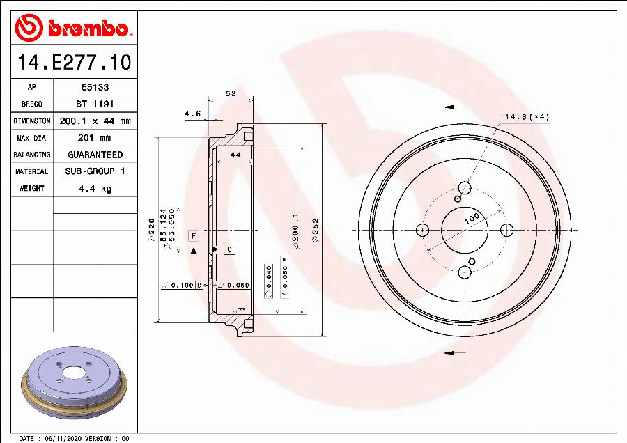 Brembo 14.E277.10 - Bremžu trumulis ps1.lv