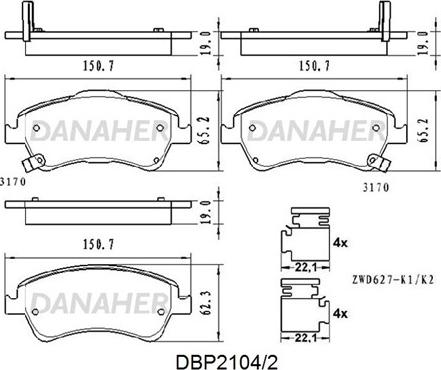 Danaher DBP2104/2 - Bremžu uzliku kompl., Disku bremzes ps1.lv