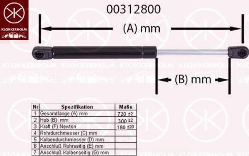 Klokkerholm 00312800 - Gāzes atspere, Motora pārsegs ps1.lv