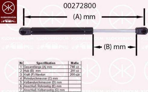 Klokkerholm 00272800 - Gāzes atspere, Motora pārsegs ps1.lv