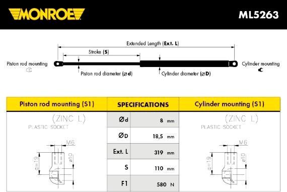 Monroe ML5263 - Gāzes atspere, Motora pārsegs ps1.lv