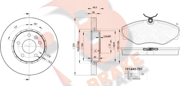 R Brake 3R14496845 - Bremžu komplekts, Disku bremzes ps1.lv