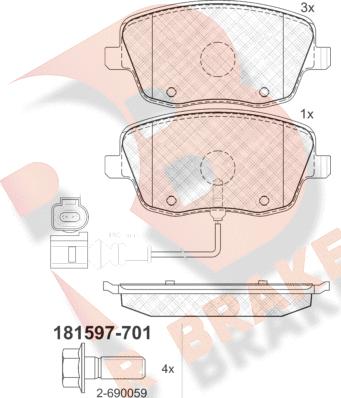 R Brake RB1597-701 - Bremžu uzliku kompl., Disku bremzes ps1.lv