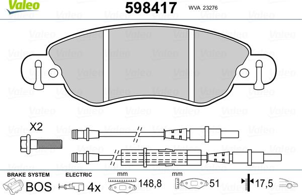 Valeo 598417 - Bremžu uzliku kompl., Disku bremzes ps1.lv