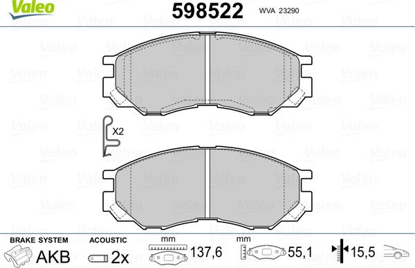 Valeo 598522 - Bremžu uzliku kompl., Disku bremzes ps1.lv