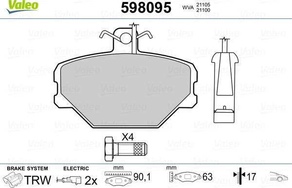 Valeo 598095 - Bremžu uzliku kompl., Disku bremzes ps1.lv