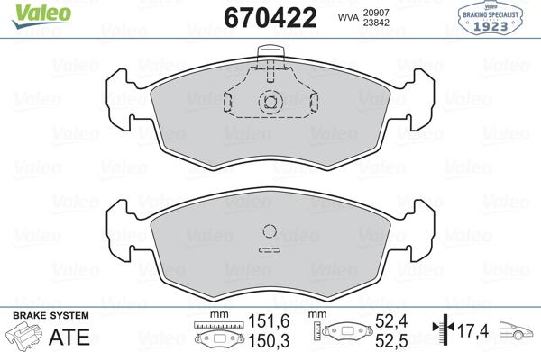 Valeo 670422 - Bremžu uzliku kompl., Disku bremzes ps1.lv