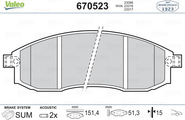 Valeo 670523 - Bremžu uzliku kompl., Disku bremzes ps1.lv