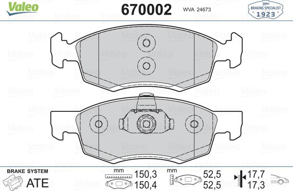 Valeo 670002 - Bremžu uzliku kompl., Disku bremzes ps1.lv