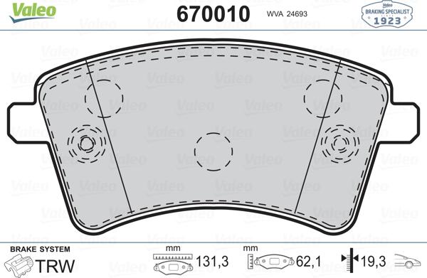 Valeo 670010 - Bremžu uzliku kompl., Disku bremzes ps1.lv