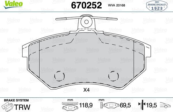 Valeo 670252 - Bremžu uzliku kompl., Disku bremzes ps1.lv