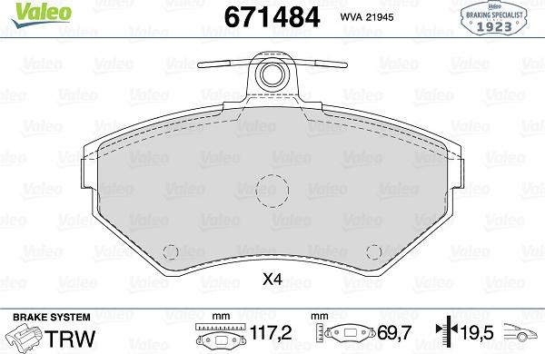 Valeo 671484 - Bremžu uzliku kompl., Disku bremzes ps1.lv