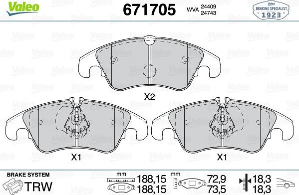 Valeo 671705 - Bremžu uzliku kompl., Disku bremzes ps1.lv