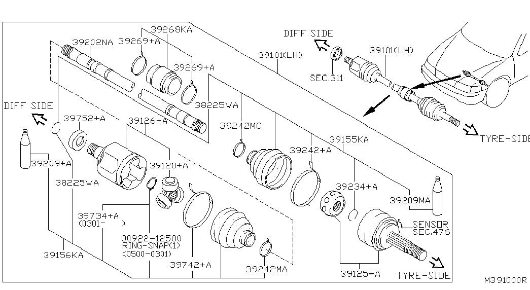 NISSAN 39711-0E505 - Šarnīru komplekts, Piedziņas vārpsta ps1.lv